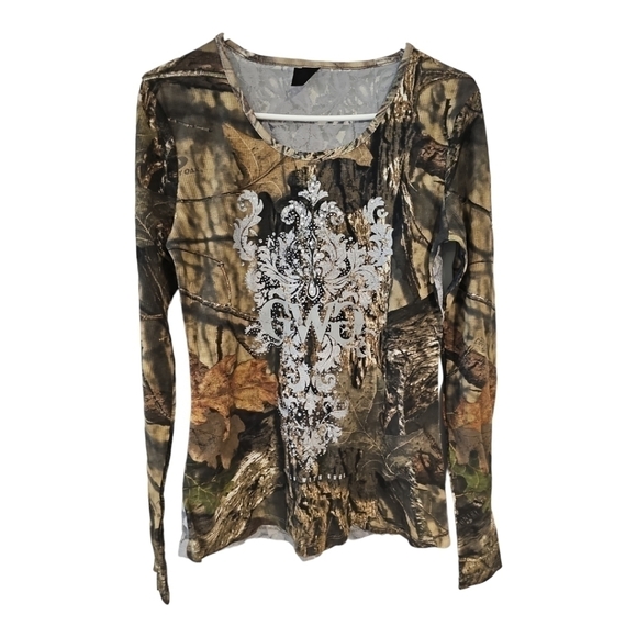 GIRLS WITH GUNS camo print lace top mossy oak country tee top shirt sz Sโฆ - Picture 3 of 14